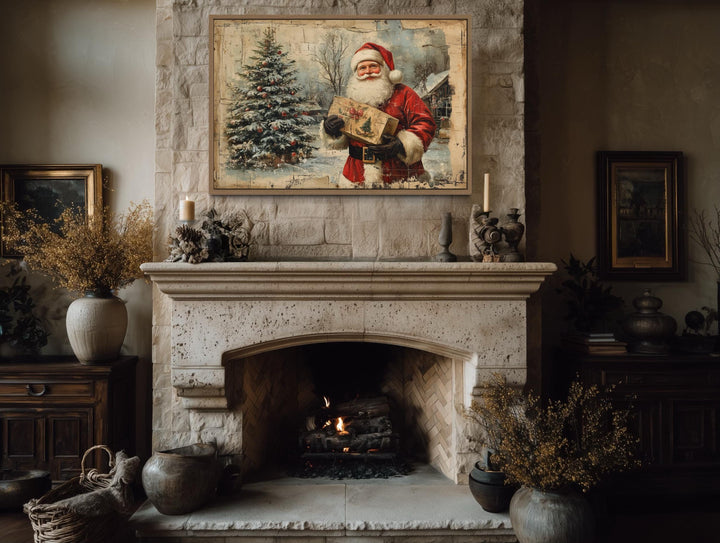 Vintage Santa With Christmas Tree and Gifts Framed Canvas Wall Art