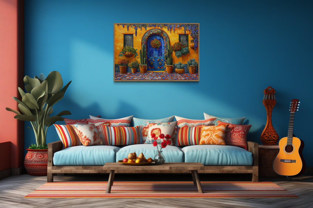 Mexican Door With Cacti Traditional Painting Framed Canvas Wall Art in a living room with a couch and a guitar