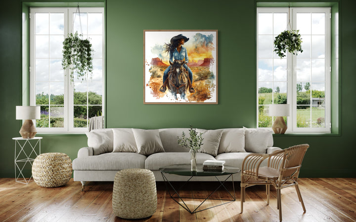 African American Cowgirl Riding A Horse Framed Canvas Wall in living room