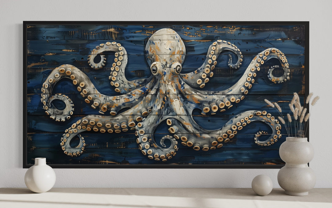 Octopus Painting On Navy Blue Wood Framed Canvas Wall Art close up