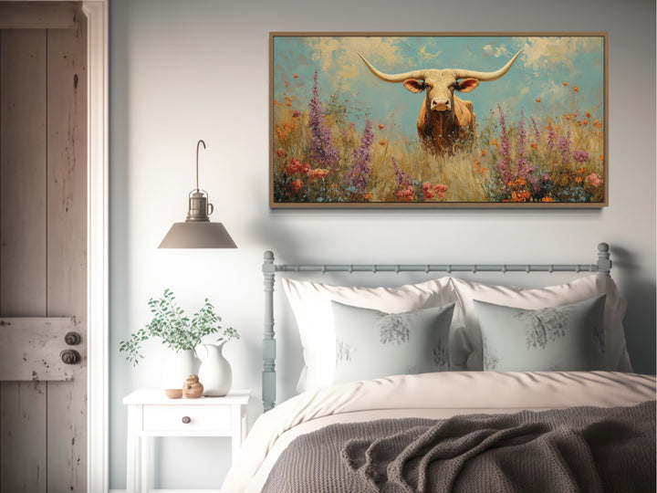 Longhorn in Wildflower Field Rustic Farmhouse Canvas Wall Art in farmhouse bedroom