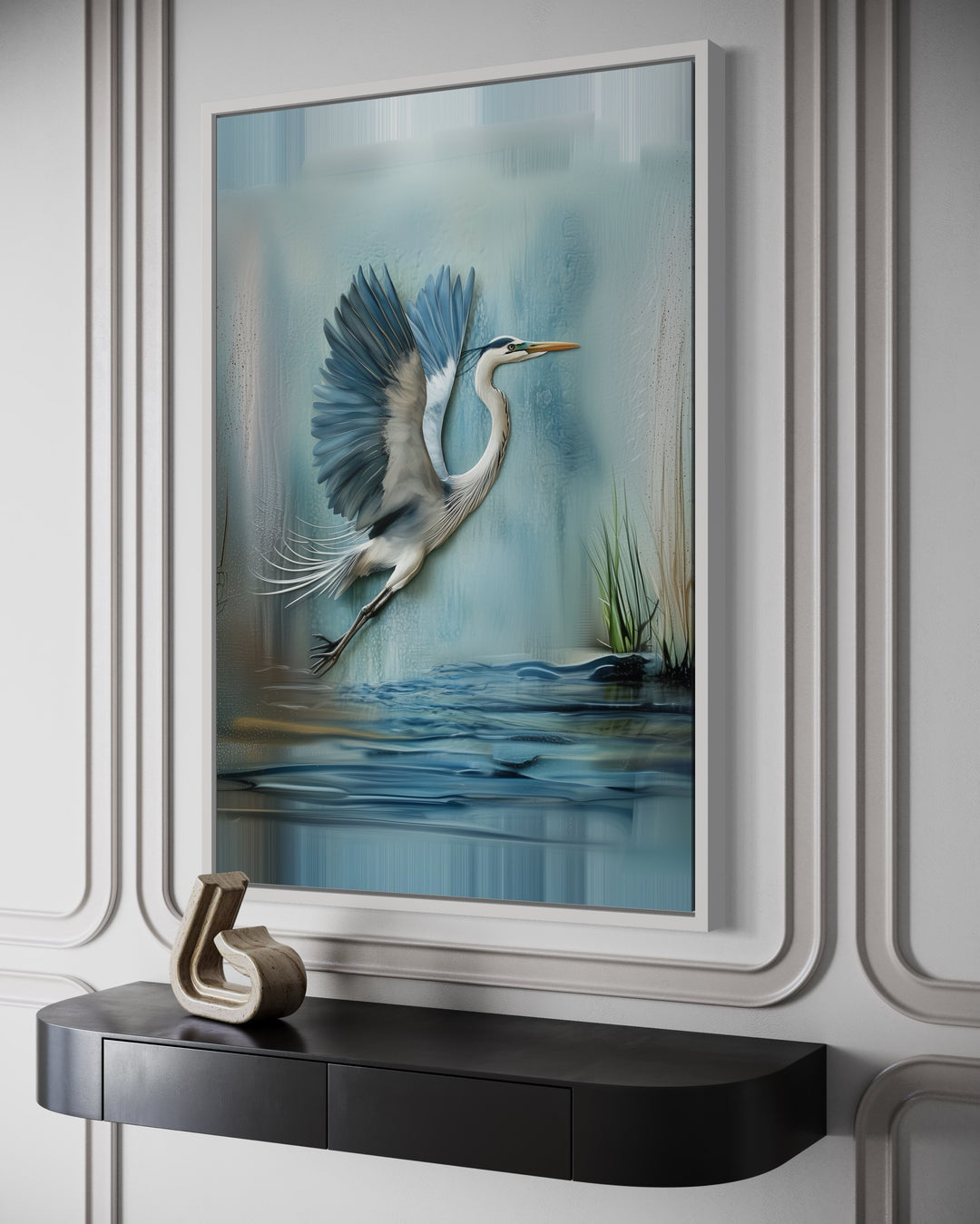 Blue Heron Flying Rustic Coastal Framed Canvas Wall Art side view