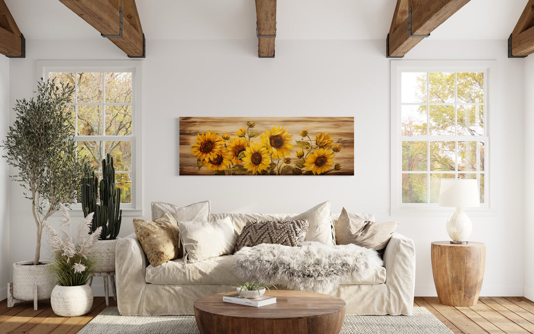 Rustic Sunflowers Painting on Wood Long Horizontal Framed Canvas Wall Art
