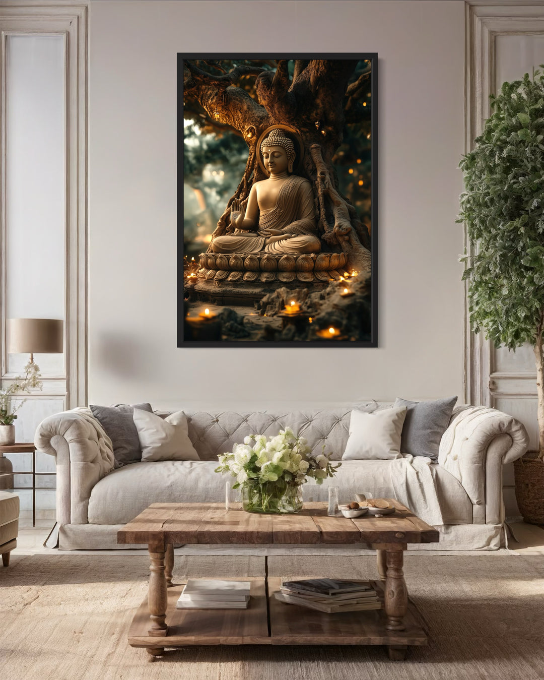 Buddha Statue With Candle Lights Zen Framed Canvas Wall Art in a living room with a couch and a coffee table