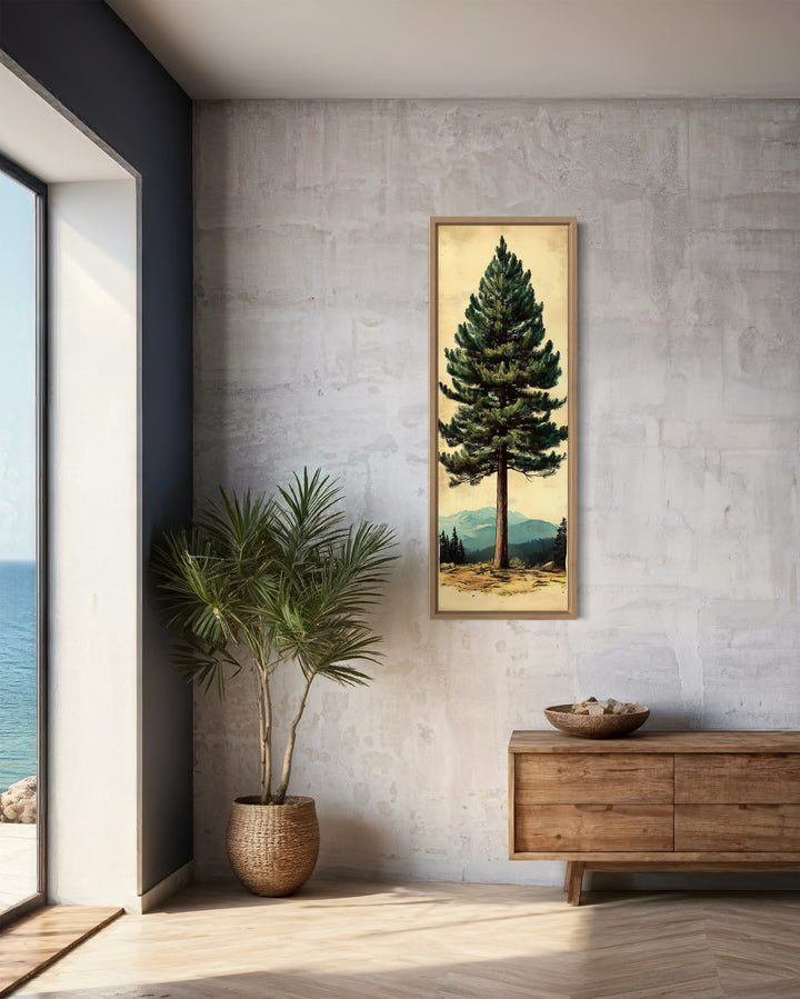 Tall Narrow Vertical Rustic Pine Tree Framed Canvas Wall Art in the room