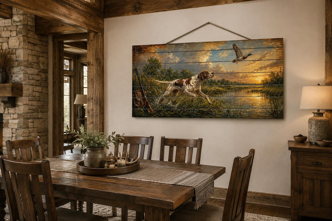 Hunting dog chasing a duck at sunset on distressed wood wall art in a rustic dining room.