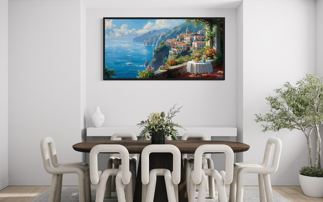 Amalfi Coast Window View Framed Canvas Wall Art in dining room