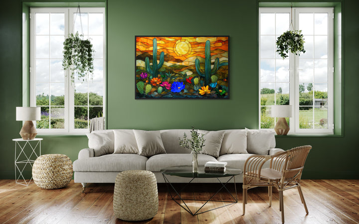 Colorful Desert And Cacti Stained Glass Style Framed Canvas Wall Art above couch