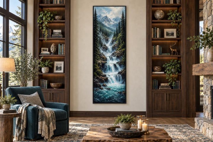 Tall narrow canvas art of a cascading mountain waterfall through a pine forest with snowy peaks.