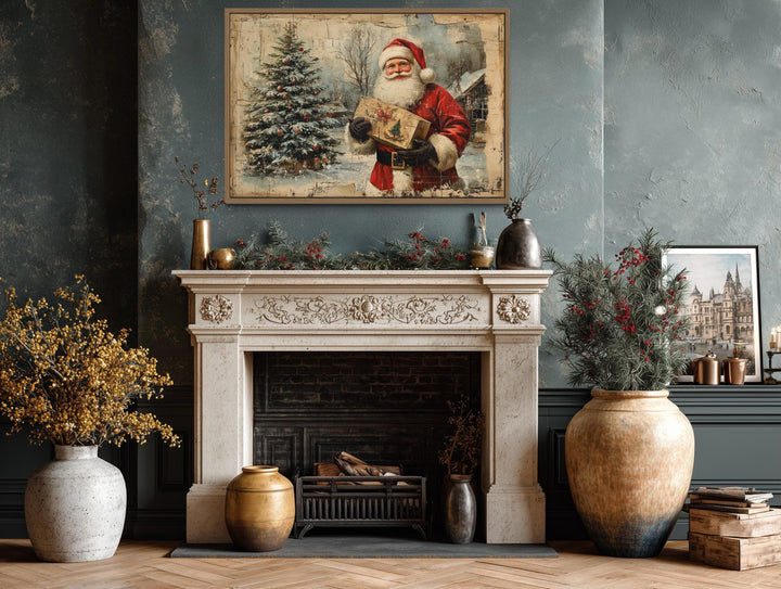 Vintage Santa With Christmas Tree and Gifts Framed Canvas Wall Art