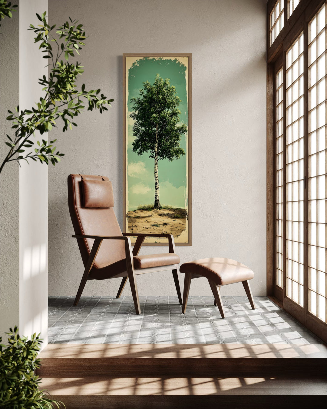 Vertical Long Narrow Rustic Birch Tree Framed Canvas Wall Art on a wall next to a chair