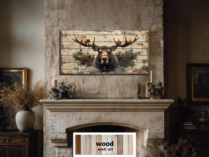 Rustic Christmas Moose With Ornaments Distressed Wood Wall Art