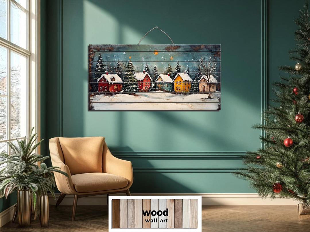 Rustic Christmas Winter Village Distressed Wood Wall Art