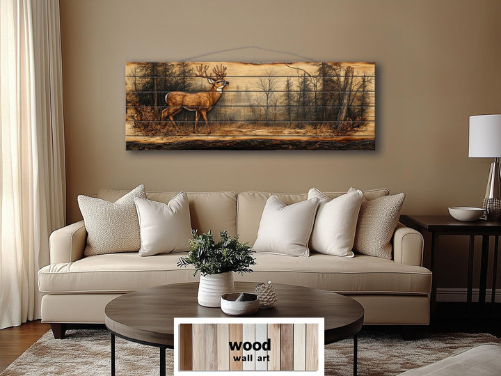 Deer In Forest Long Horizontal Distressed Wood Wall Art