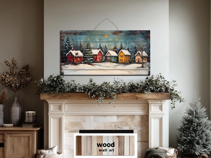 Rustic Christmas Winter Village Distressed Wood Wall Art