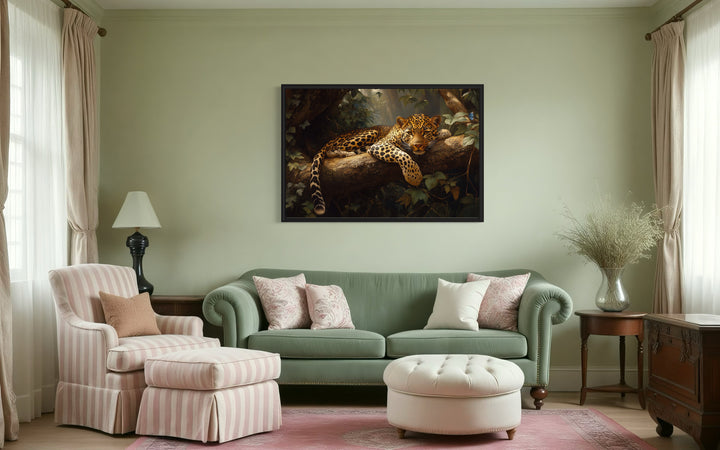 a living room filled with furniture and a painting on the wall