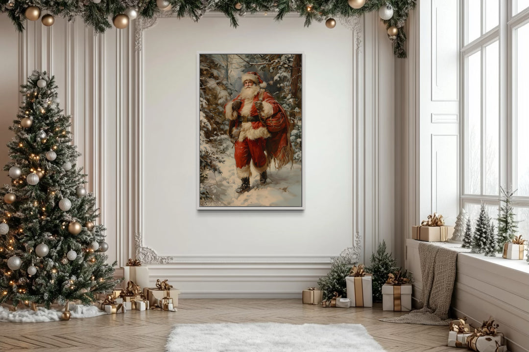 Santa In The Forest With Bag Of Gifts Framed Canvas Wall Art in christmas room