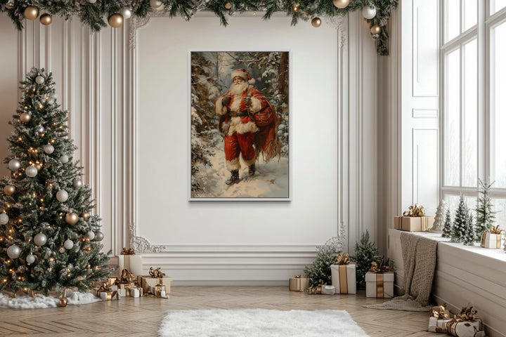 Santa In The Forest With Bag Of Gifts Framed Canvas Wall Art in christmas room