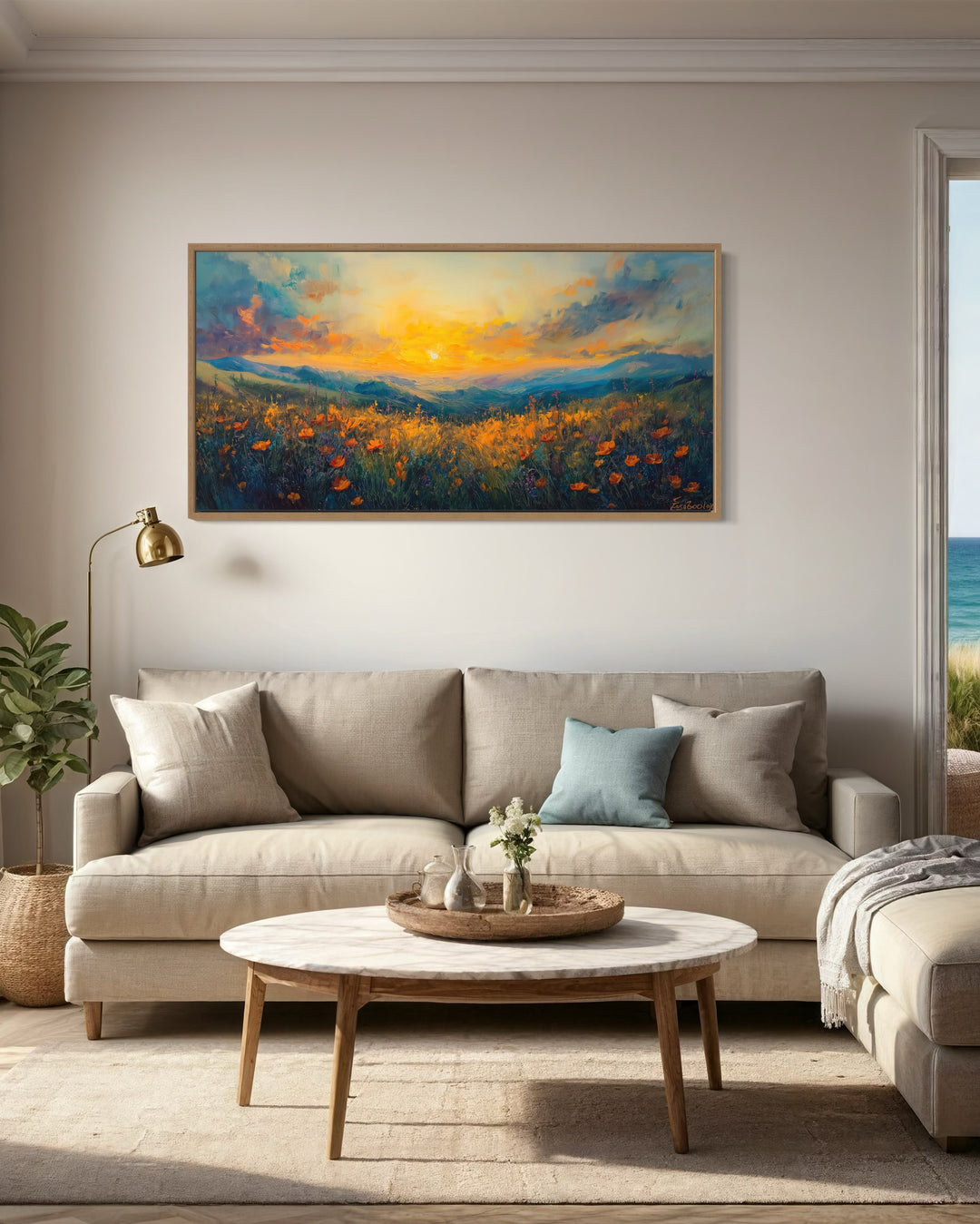 Beautiful Wildflower Field At Sunset Painting Framed Canvas Wall Art above couch