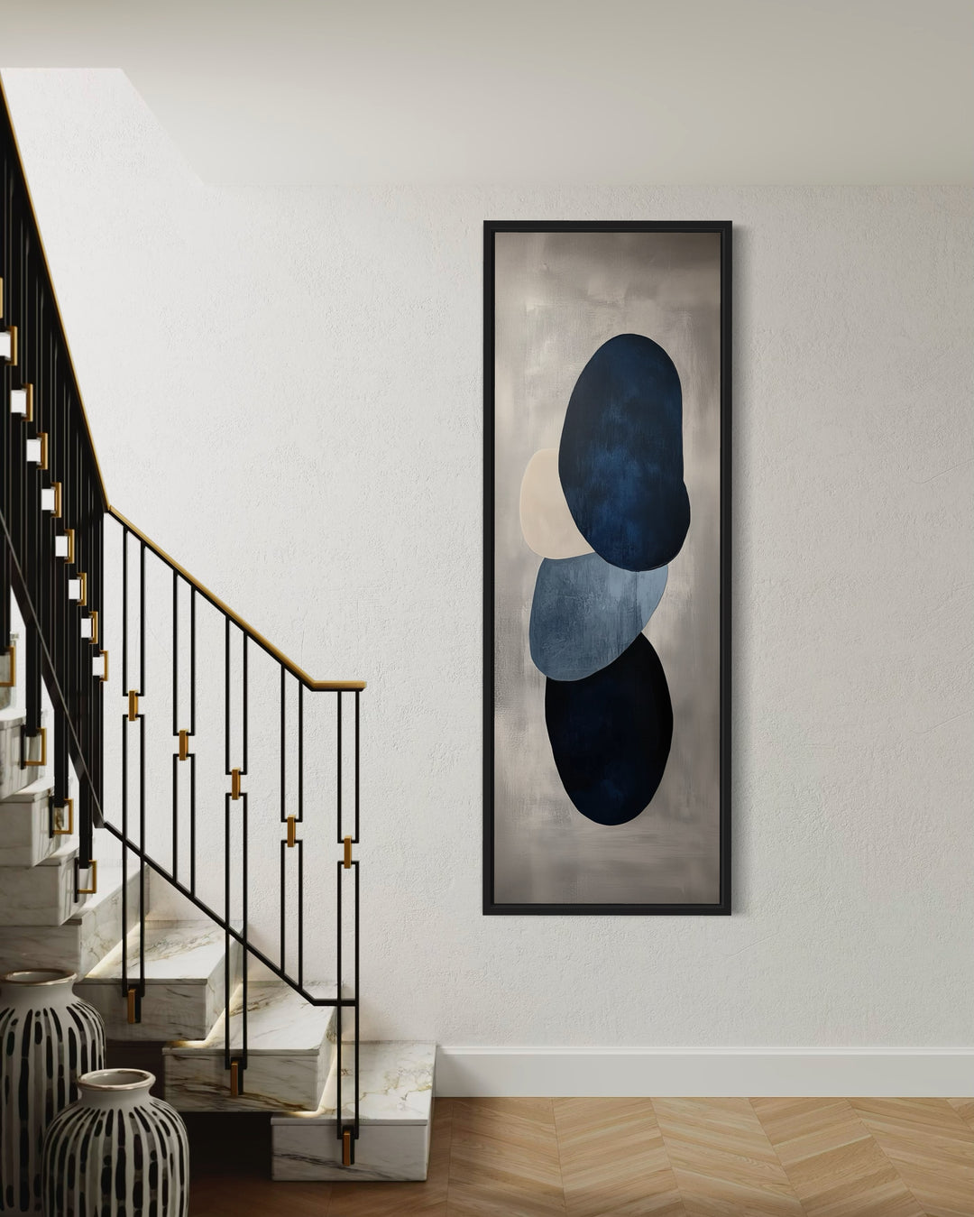 Navy Blue Grey Beige Shapes Vertical Narrow Canvas Wall Art