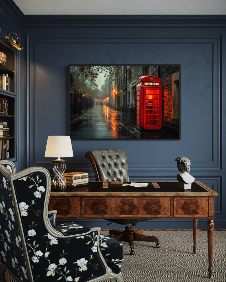 Red Phone Booth In Rainy London Street Framed Canvas Wall Art in home office