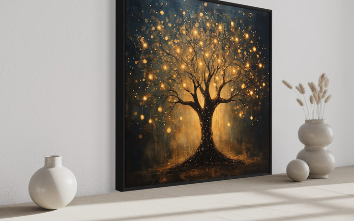 Enchanted Black Gold Tree With Magical Lights Framed Canvas Wall Art side view