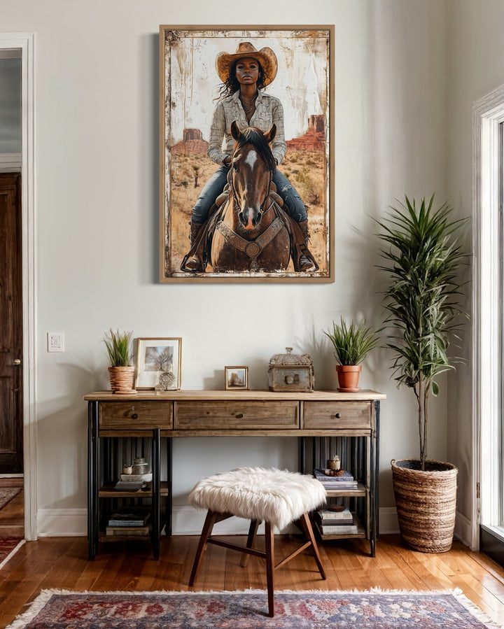 Black Girl Riding A Horse Framed Canvas Wall Art above table