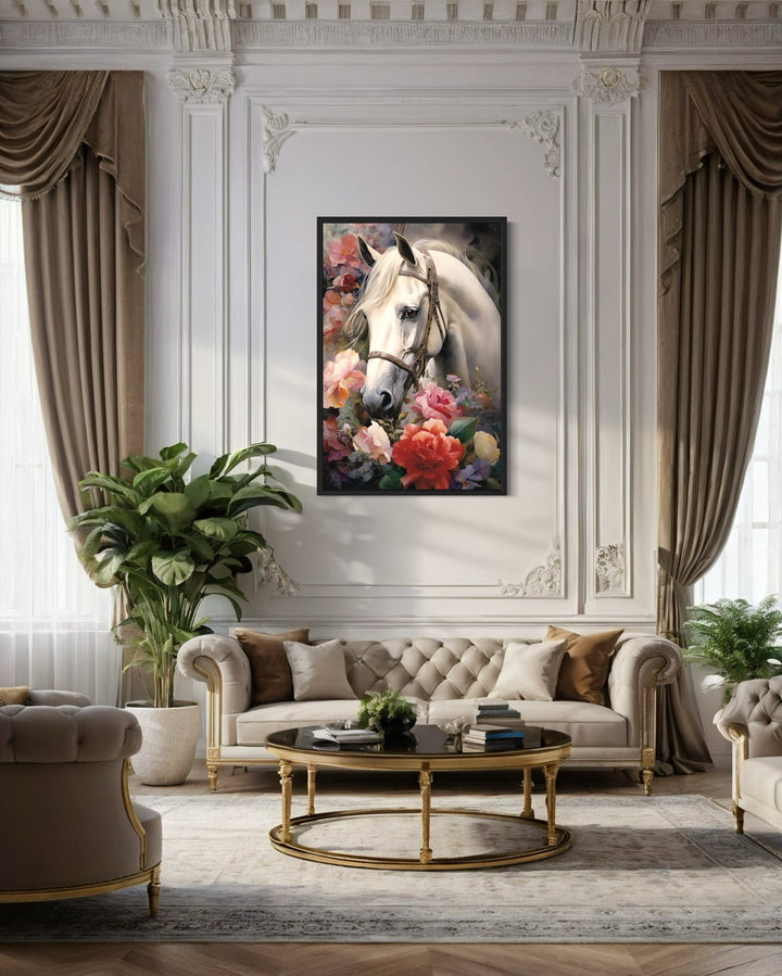 White Horse with Flowers Framed Canvas Wall Art