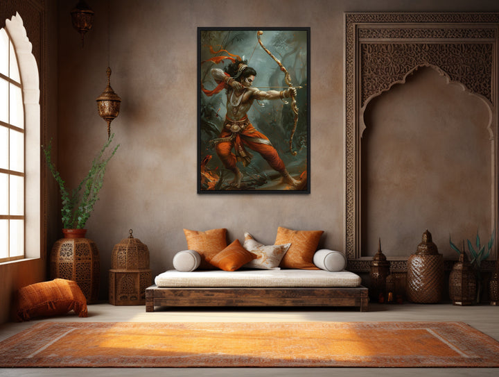 Lord Rama Fighting Demons With Bow And Arrow Framed Canvas Wall Art in Indian room