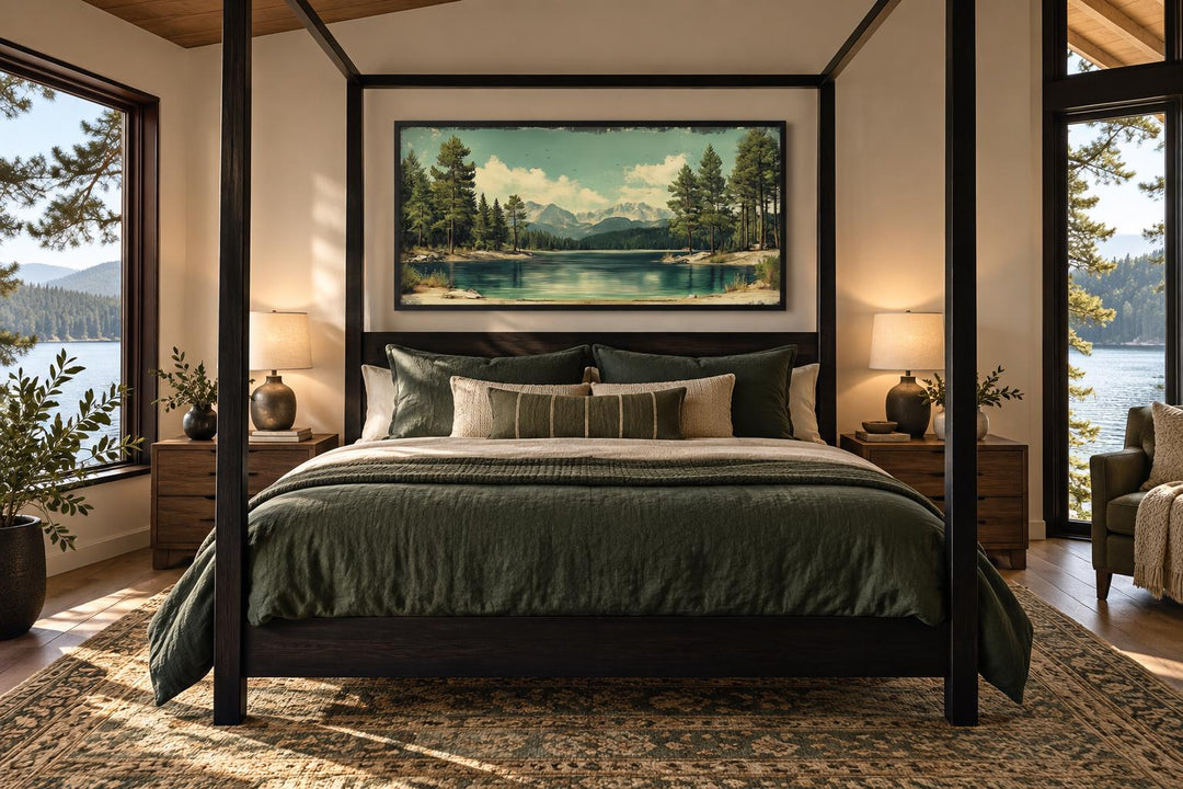 Lake, Mountains And Pine Forest Nature Vintage Style Canvas Wall Art