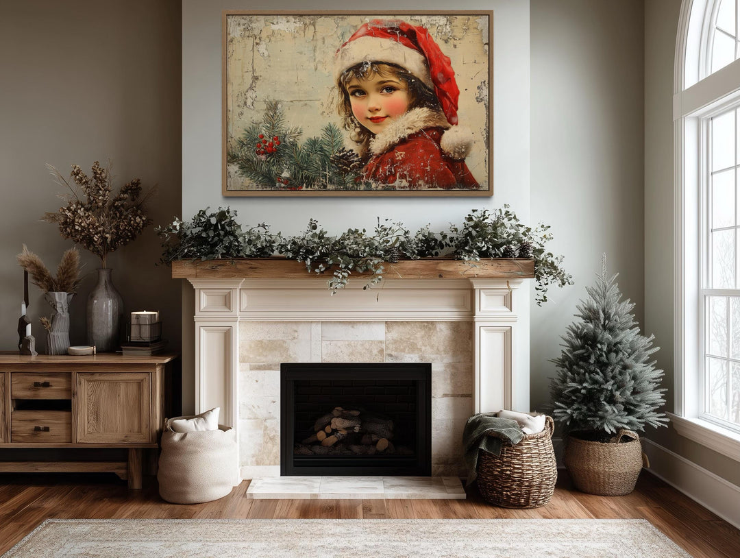 Vintage Christmas Girl in Red Santa Hat Canvas Wall Art