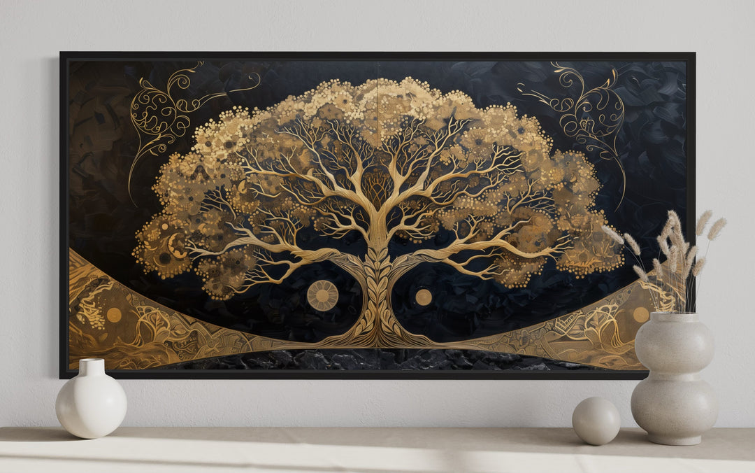 Golden Tree of Life on Black Background Canvas Wall Art close up