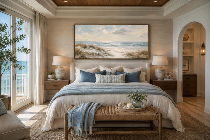 Sandy beach dunes wall art with sea grass and rolling waves in a slim gold frame above a bed.