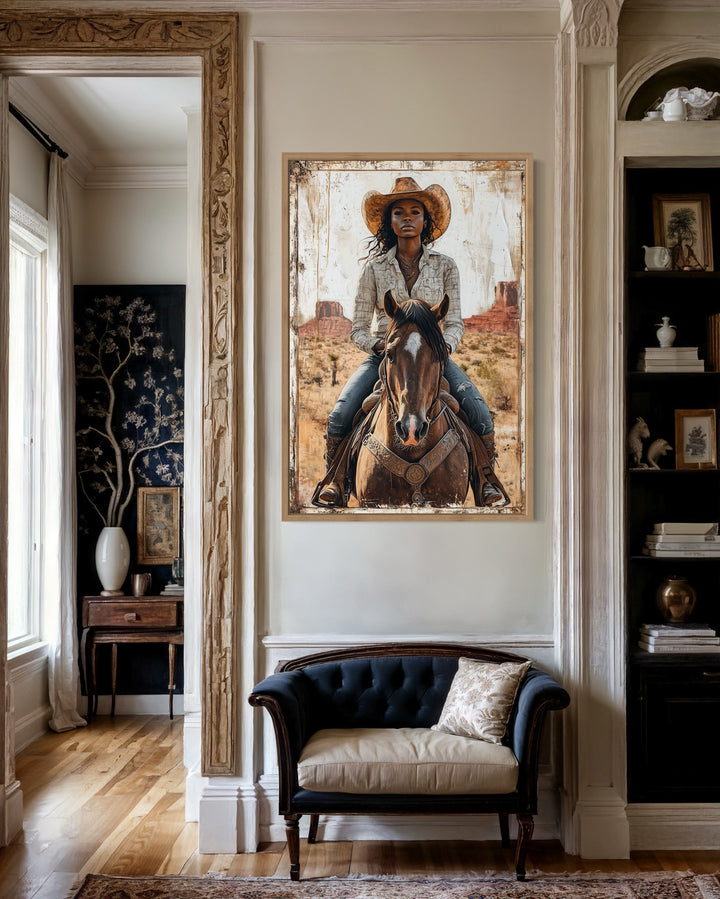 Black Girl Riding A Horse Framed Canvas Wall Art in living room