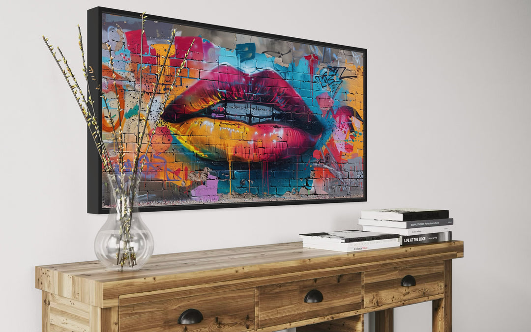 Trippy Lips Graffiti Painting Framed Large Canvas Wall Decor side view