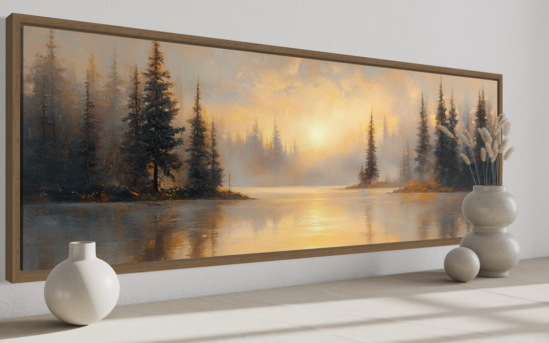 Sunrise Over Misty Lake Panoramic Over Bed Canvas Wall Art side view