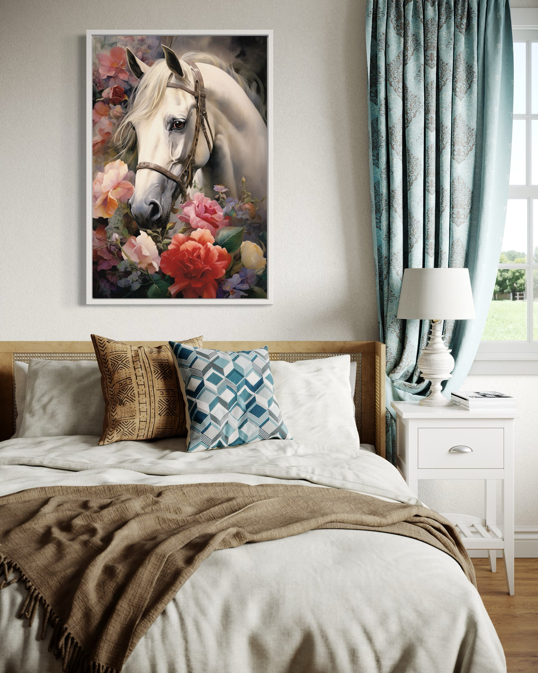 White Horse with Flowers Framed Canvas Wall Art above bed