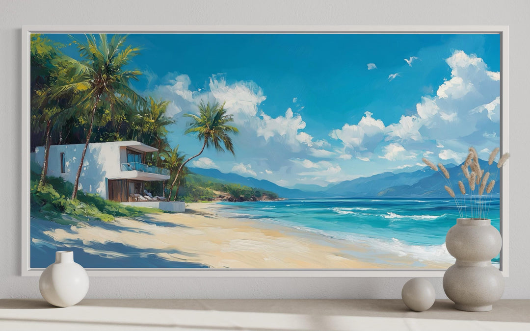 Tropical Beach House Ocean View Horizontal Canvas Wall Art