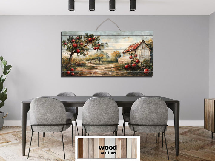 Rustic Apple Orchard With Barn Distressed Wood Dining Room Wall Art