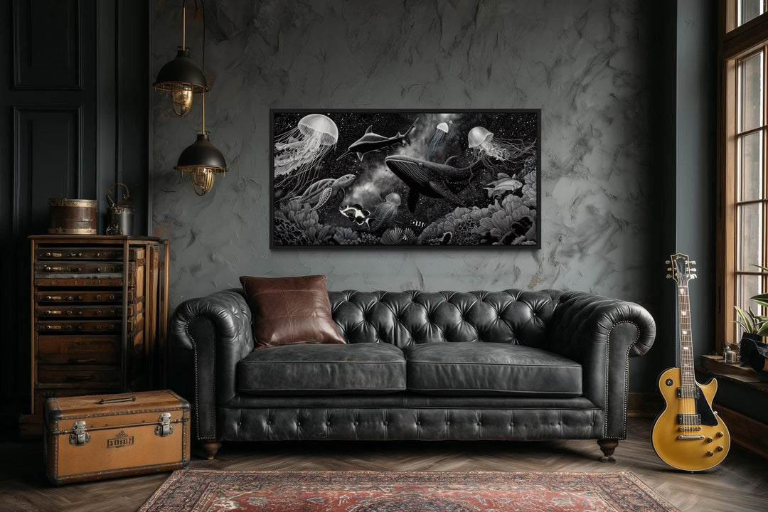 Black and White Underwater Ocean Scene Canvas Wall Art – Whale, Jellyfish, Sea Turtle, Coral Reef