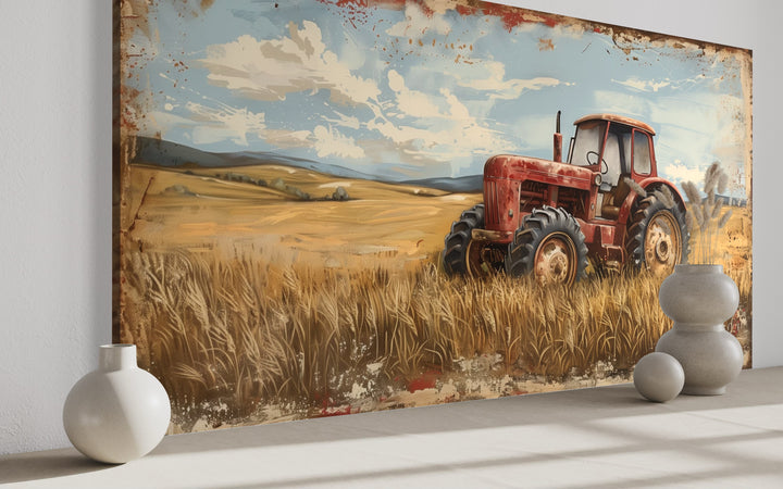 Vintage Old Red Tractor In The Wheat Field Rustic Canvas Wall Art side view