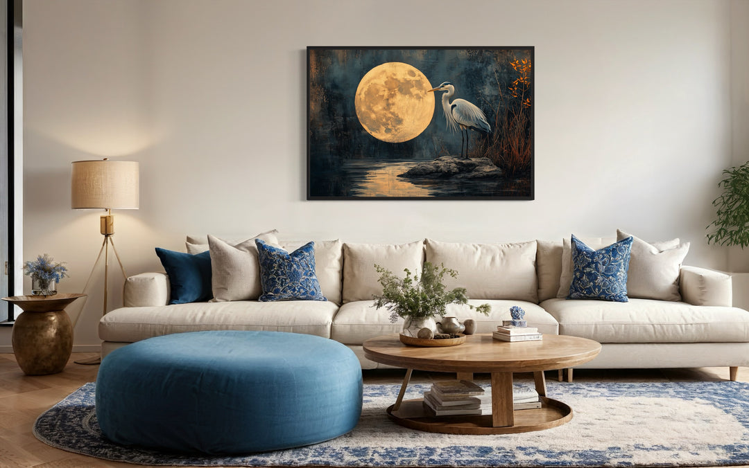 Blue Heron At Night Under Full Moon Framed Canvas Wall Art in coastal room