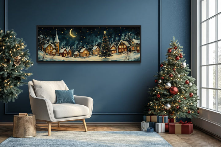 Festive Christmas Village Long Narrow Framed Canvas Wall Art in Christmas room