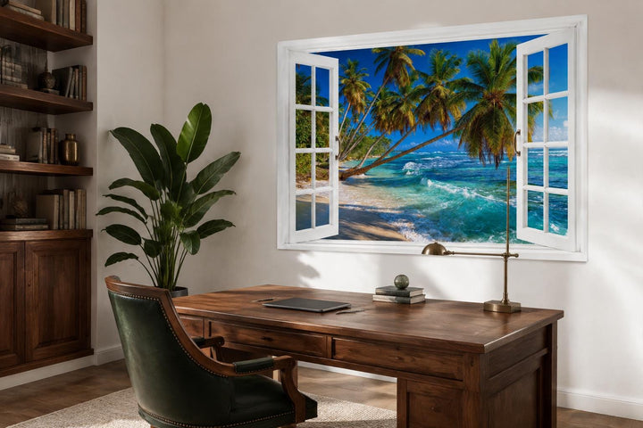 Window view canvas wall art of a tropical beach with palm trees and turquoise ocean waves.