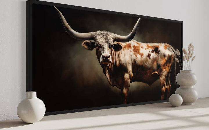 Brown Longhorn Steer Painting Framed Large Canvas Wall Art side view