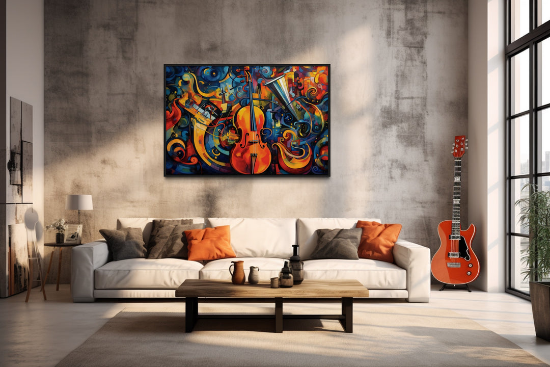 Abstract Musical Instruments Framed Canvas Wall Art in a living room with a couch and a guitar