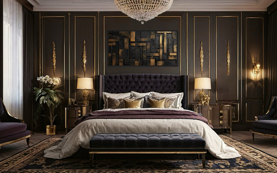 Black Gold Abstract Geometric Framed Canvas Wall Art in bedroom