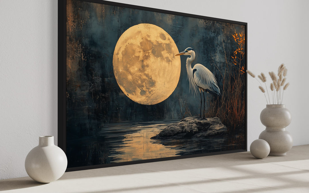 Blue Heron At Night Under Full Moon Framed Canvas Wall Art side view