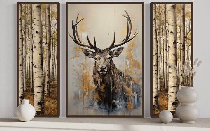 Set Of 3 Deer Flanked By Trees Framed Canvas Wall Art close up