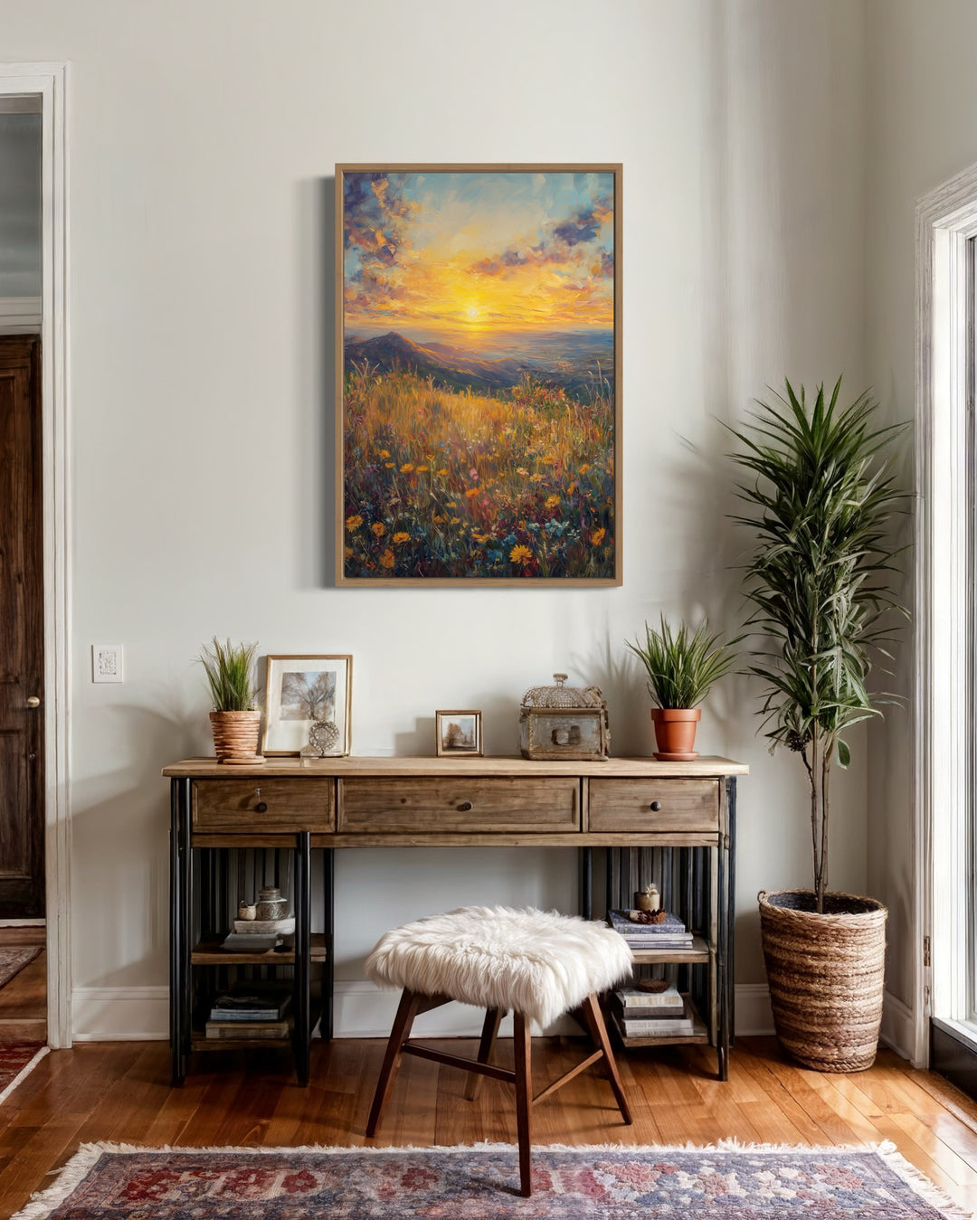 Vertical Yellow Wildflower Field At Sunset Painting Framed Canvas Wall Art above table